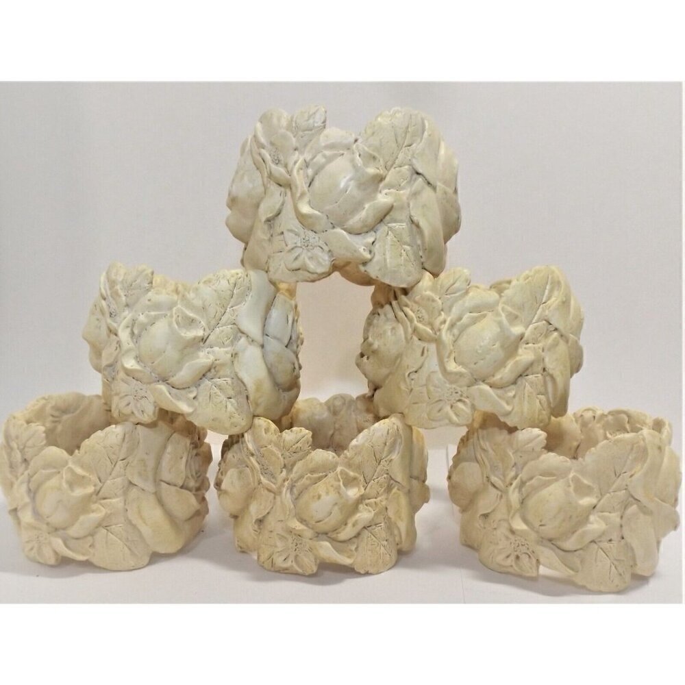 Set of 6 beige carved roses floral napkin rings